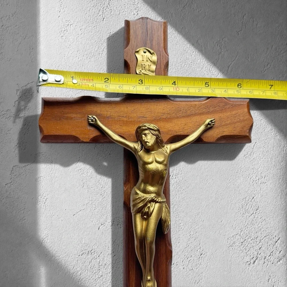 Vintage 1975 Wooden Wall Crucifix Cross Cast Brass Corpus INRI Signed‎ 12 Inch